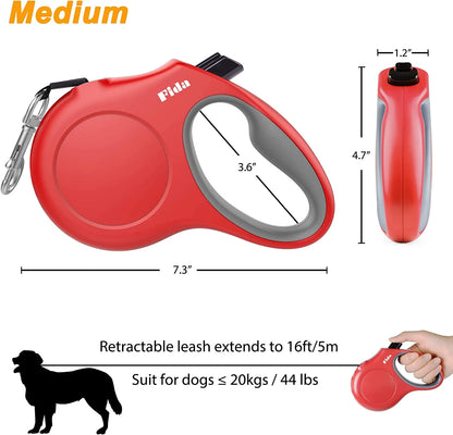 Retractable Dog Leash with Integrated Dispenser and Waste Bags, 16 Ft Leash for Medium Dogs or Cats up to 44 lbs, Anti-Slip Handle, Tangle-Free Design, Reflective Nylon Tape (Medium, Red)