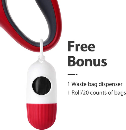 Retractable Dog Leash with Integrated Dispenser and Waste Bags, 16 Ft Leash for Medium Dogs or Cats up to 44 lbs, Anti-Slip Handle, Tangle-Free Design, Reflective Nylon Tape (Medium, Red)