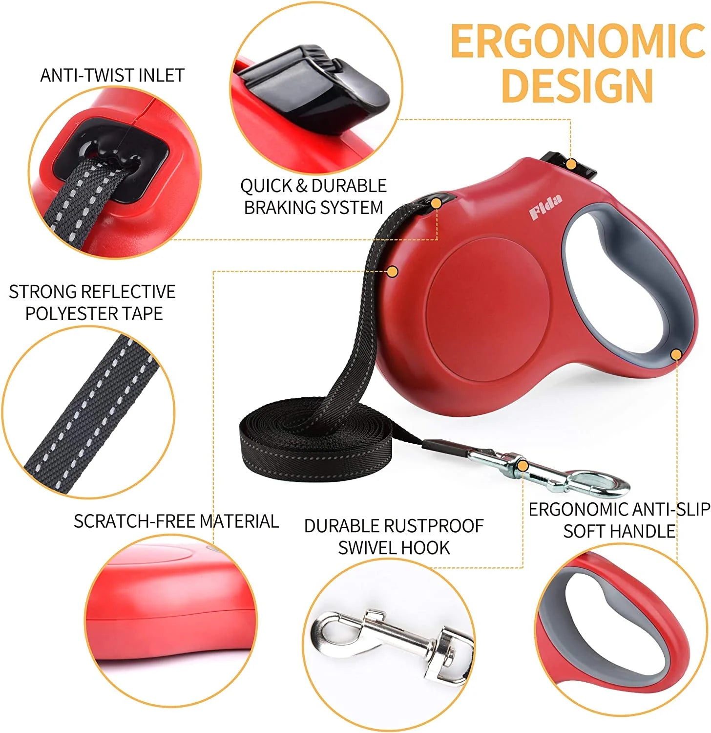 Retractable Dog Leash with Integrated Dispenser and Waste Bags, 16 Ft Leash for Medium Dogs or Cats up to 44 lbs, Anti-Slip Handle, Tangle-Free Design, Reflective Nylon Tape (Medium, Red)