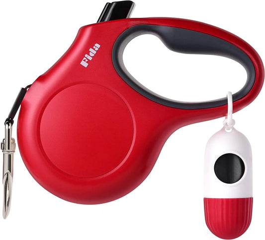 Retractable Dog Leash with Integrated Dispenser and Waste Bags, 16 Ft Leash for Medium Dogs or Cats up to 44 lbs, Anti-Slip Handle, Tangle-Free Design, Reflective Nylon Tape (Medium, Red)